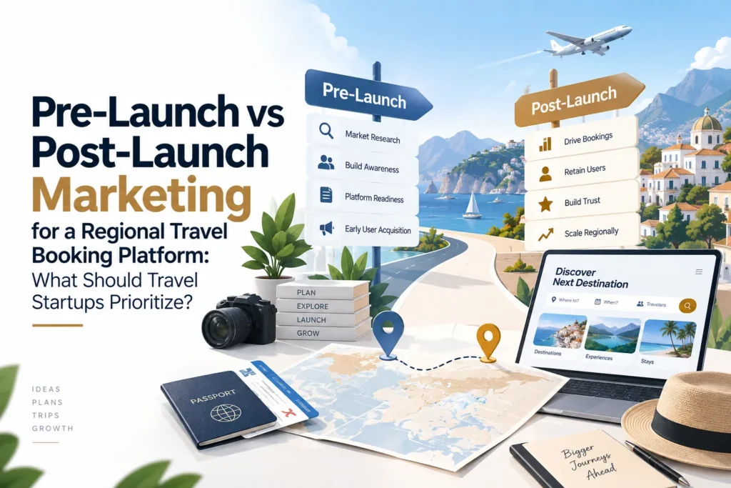 Pre-launch vs post-launch marketing for a regional travel booking platform
