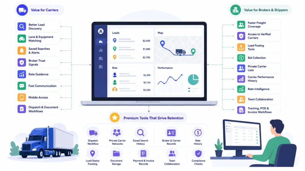 Premium freight marketplace tools for carriers, brokers, and shippers including load discovery, rate intelligence, tracking, documents, and collaboration.