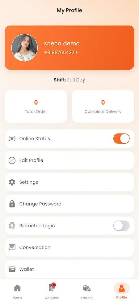 White Label Food Delivery App 45 UberEats Clone Delivery Partner Profile showing shift status, completed deliveries, profile, password, wallet and settings options