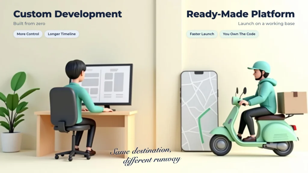 Custom development compared with a ready-made delivery platform, showing the trade-off between control, timeline and launch speed.