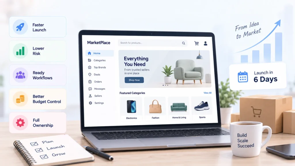Ready-made regional ecommerce marketplace offering faster launch, lower risk, ready workflows, budget control, and source-code ownership.