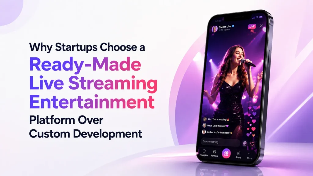 Ready-made live streaming entertainment platform showing a mobile live broadcast with host interaction, real-time comments, reactions, gifting, and audience engagement