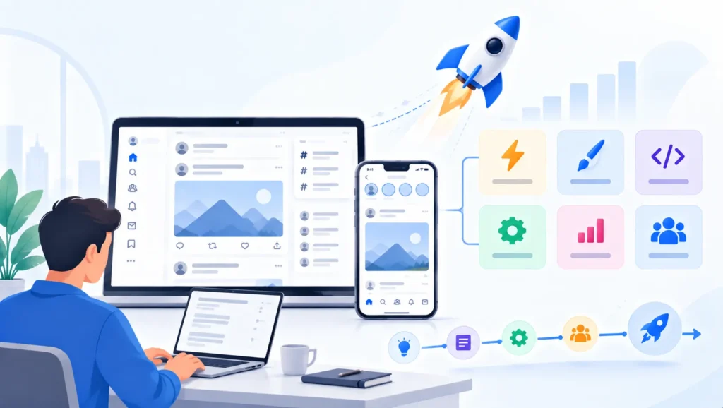 Why Startups Choose a Ready-Made Real-Time Microblogging Platform Over Custom Development 2 Founder launching a ready-made real-time microblogging platform with custom branding, source code, admin controls, analytics, and user management