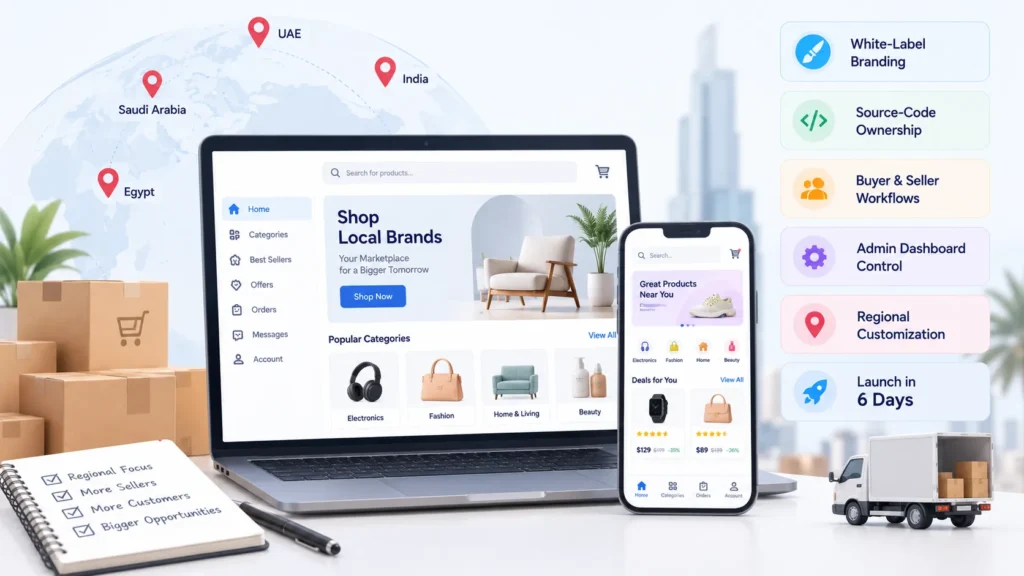 Ready-made regional ecommerce marketplace with white-label branding, source-code ownership, local workflows, and admin dashboard control.