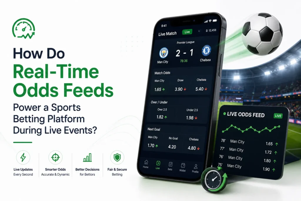 Real-time odds feeds powering a sports betting platform with live match updates, changing betting odds, in-play markets, and live event data.