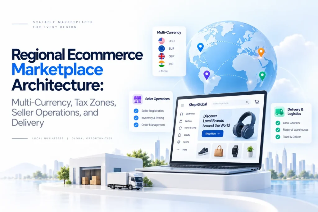 Regional ecommerce marketplace architecture showing multi-currency support, seller operations, tax zones, warehouses, and delivery logistics across multiple markets