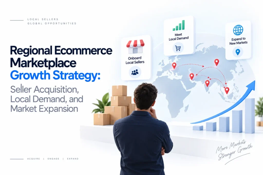 Regional ecommerce marketplace growth strategy showing local seller acquisition, regional demand, market expansion, and scalable marketplace growth