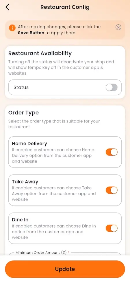 White Label Food Delivery App 35 UberEats Clone Restaurant Configuration showing availability, delivery type, home delivery, takeaway and dine-in controls