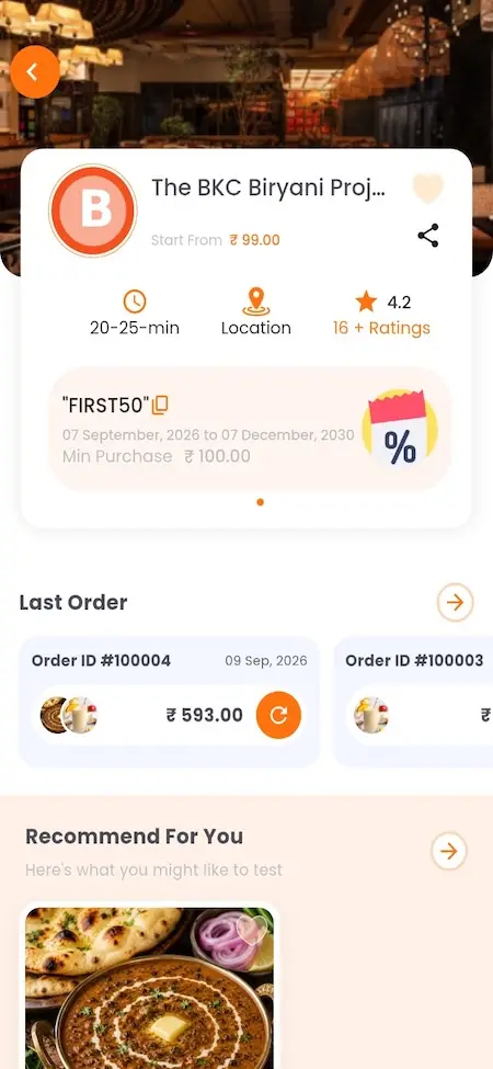 White Label Food Delivery App 26 UberEats Clone Mobile Restaurant Details showing restaurant information, ratings, last orders and personalised food recommendations