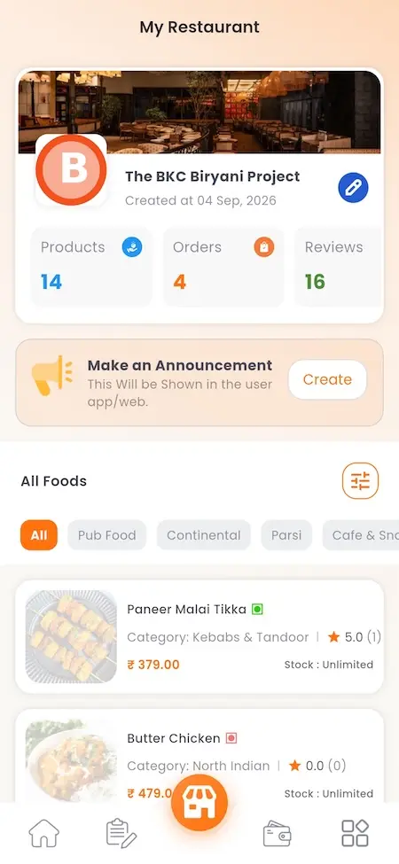 White Label Food Delivery App 34 UberEats Clone Restaurant Profile and Foods showing restaurant statistics, announcement tools and listed menu items