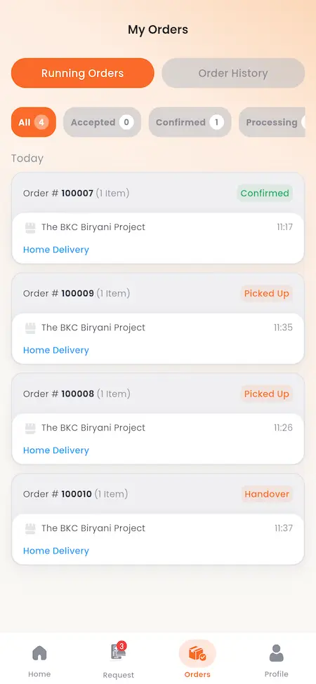White Label Food Delivery App 44 UberEats Clone Running Delivery Orders showing accepted, confirmed, picked-up and handover orders with live status