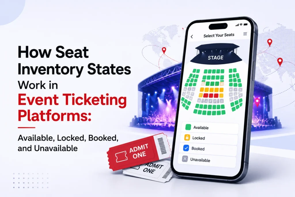 Seat inventory management in event ticketing platforms showing available, locked, booked, and unavailable seat states.