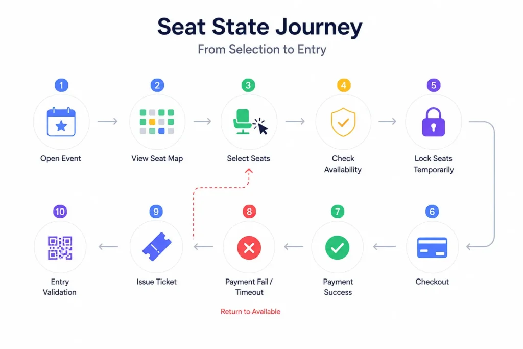 How Seat Inventory States Work in Event Ticketing Platforms: Available, Locked, Booked, and Unavailable 2 Seat inventory management journey from event selection and seat locking to payment, ticket issuance, and entry validation.