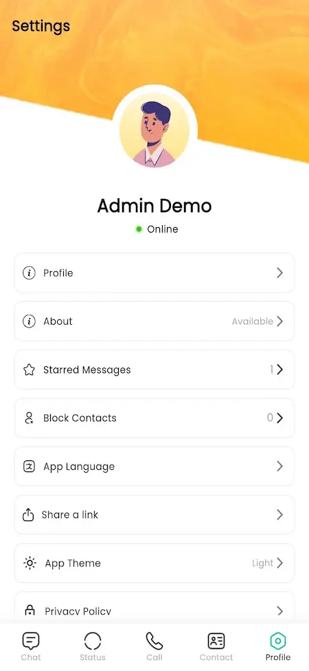 Mobile profile settings showing the user profile, About status, starred messages, privacy, language, theme and policy options.