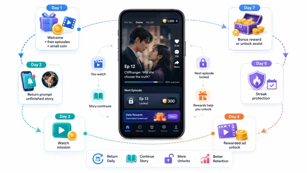 How Can a Short Drama Engagement Platform Use Daily Rewards to Increase Return Viewing? 2 Seven-day short drama rewards flow with welcome rewards, return prompts, watch missions, rewarded ads, streak protection, and bonus rewards.