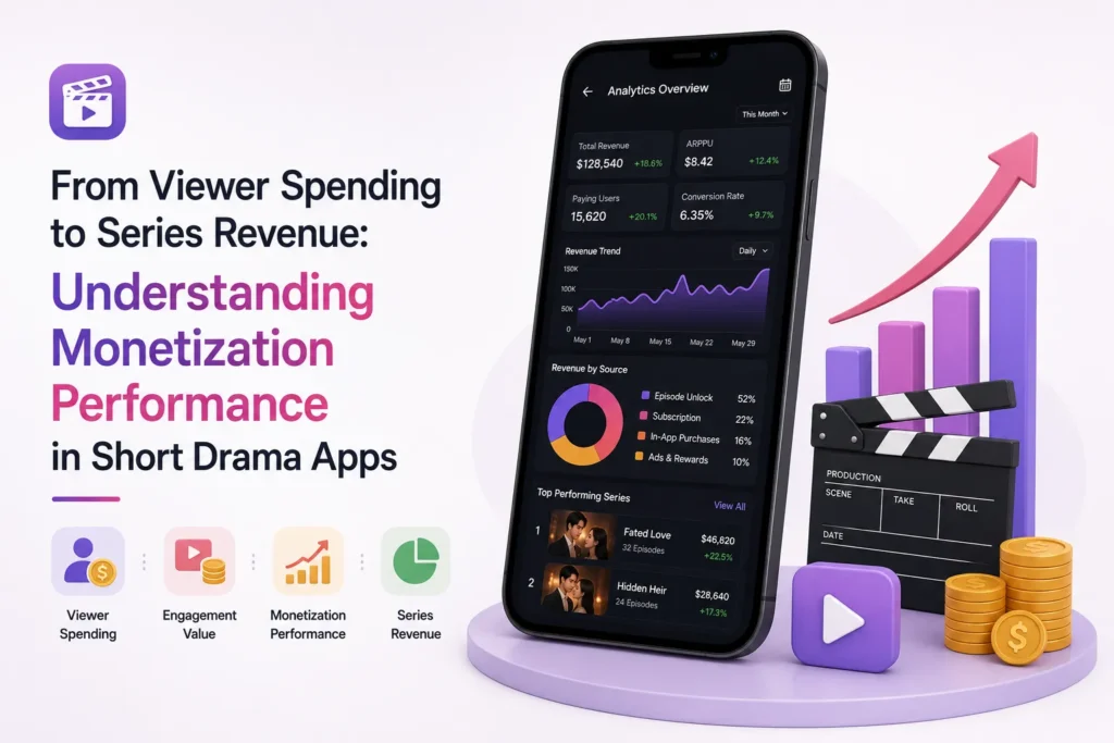Short drama monetization performance dashboard showing viewer spending, engagement value, revenue trends, and top-performing series.