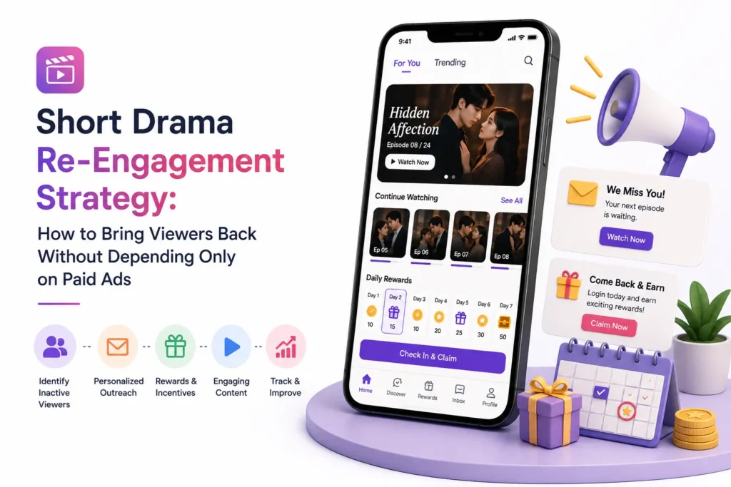 Short drama re-engagement strategy showing personalized outreach, daily rewards, engaging content, and retention tactics to bring inactive viewers back.