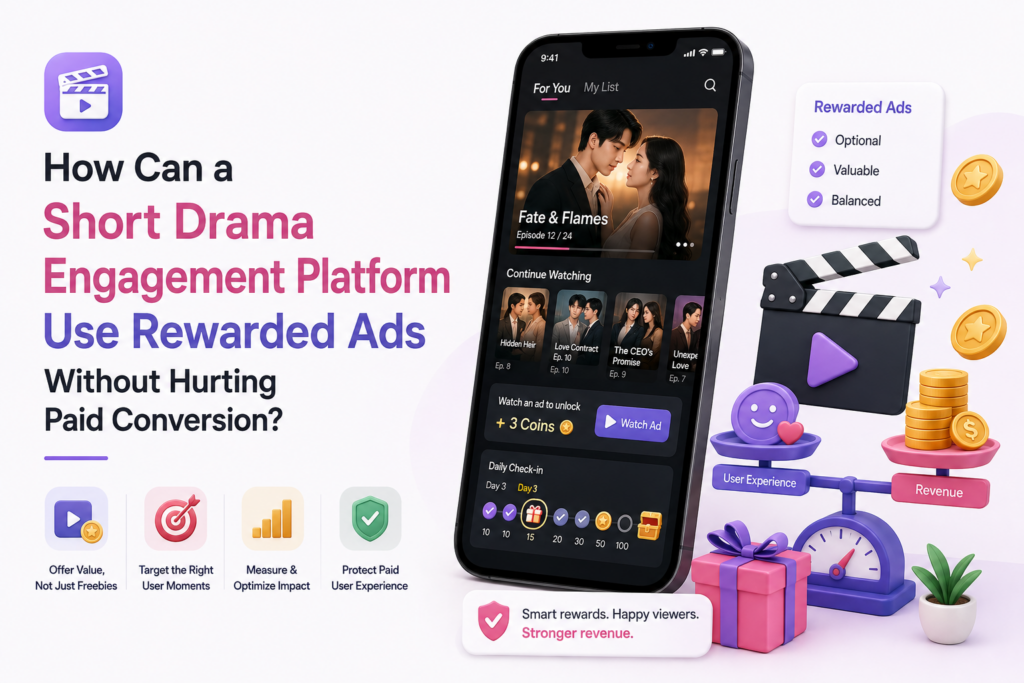 Short drama engagement platform using rewarded ads to unlock content while balancing user experience and paid conversion.