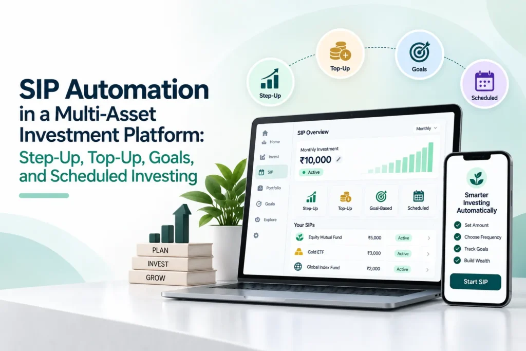 SIP automation in a multi-asset investment platform showing step-up, top-up, goals, scheduled investing, and recurring portfolio management