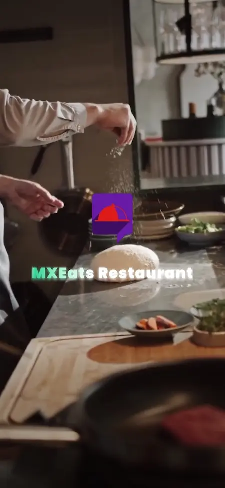 White Label Food Delivery App 33 UberEats Clone Restaurant App Splash Screen showing MXEats Restaurant branding over a commercial kitchen scene