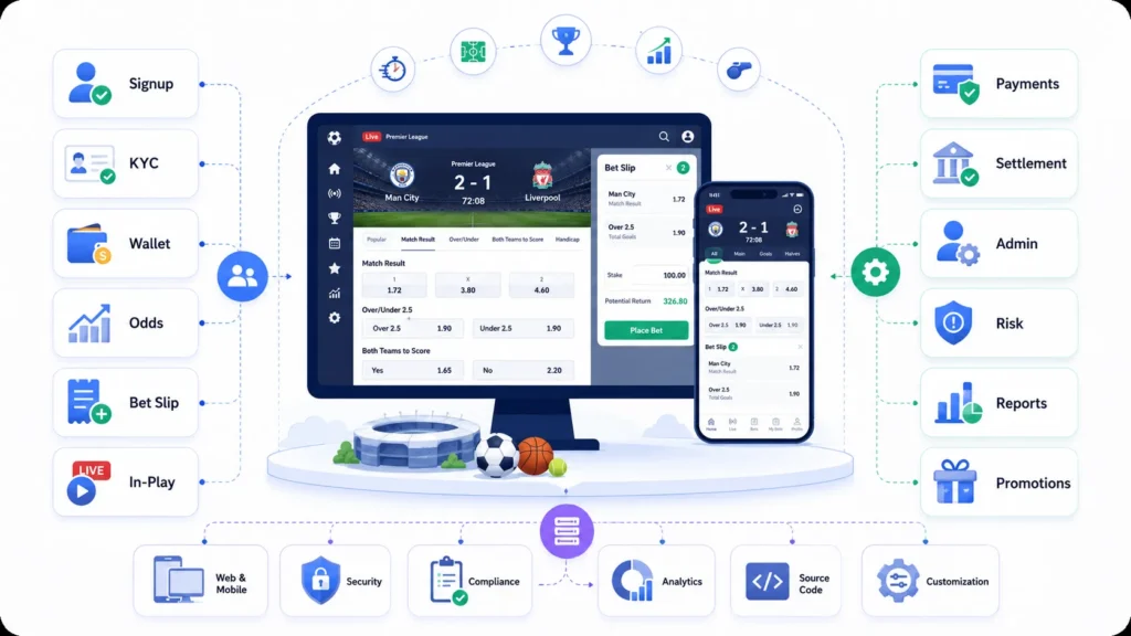 Sports Betting Platform vs Traditional Sportsbook Software: Comparing In-Play Betting, Bet Builders, Cash Out, and Operator Control 1 Sports betting platform architecture showing signup, KYC, wallet, odds, bet slip, in-play betting, payments, settlement, admin, risk, reports, and promotions.