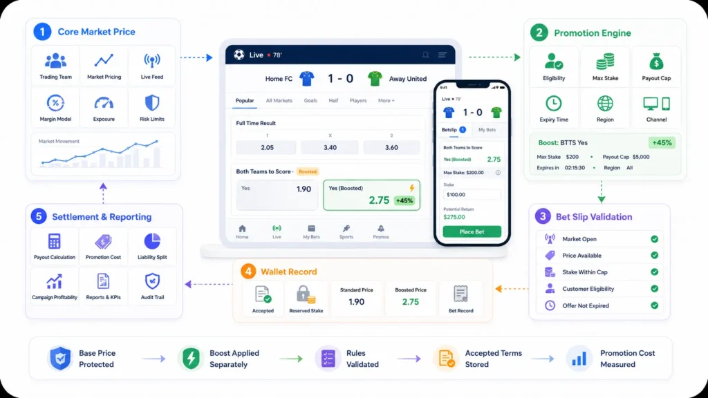 Sports betting platform odds boost workflow showing core market pricing, promotion engine, bet slip validation, wallet records, settlement, and reporting.