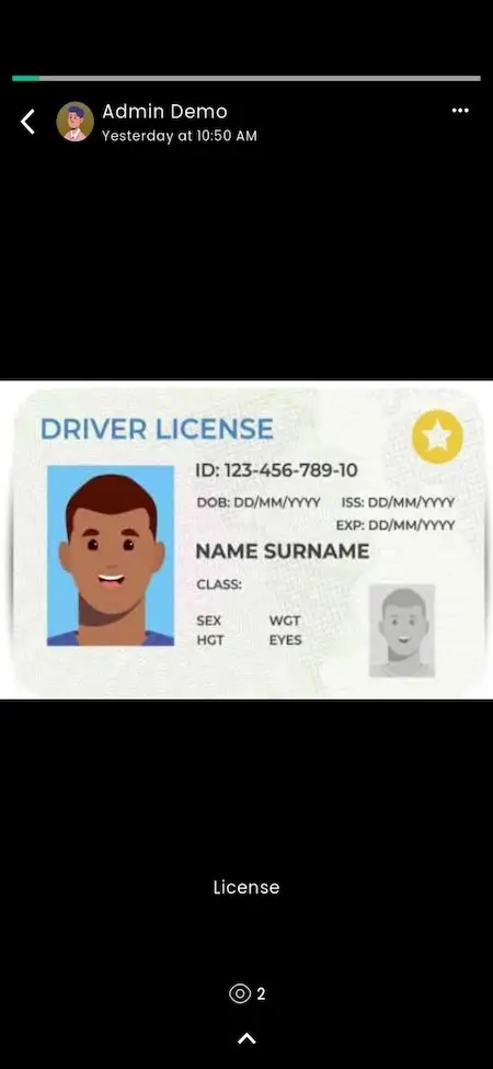 Mobile status viewer showing a contact status post with a driver-license graphic and status progress controls.