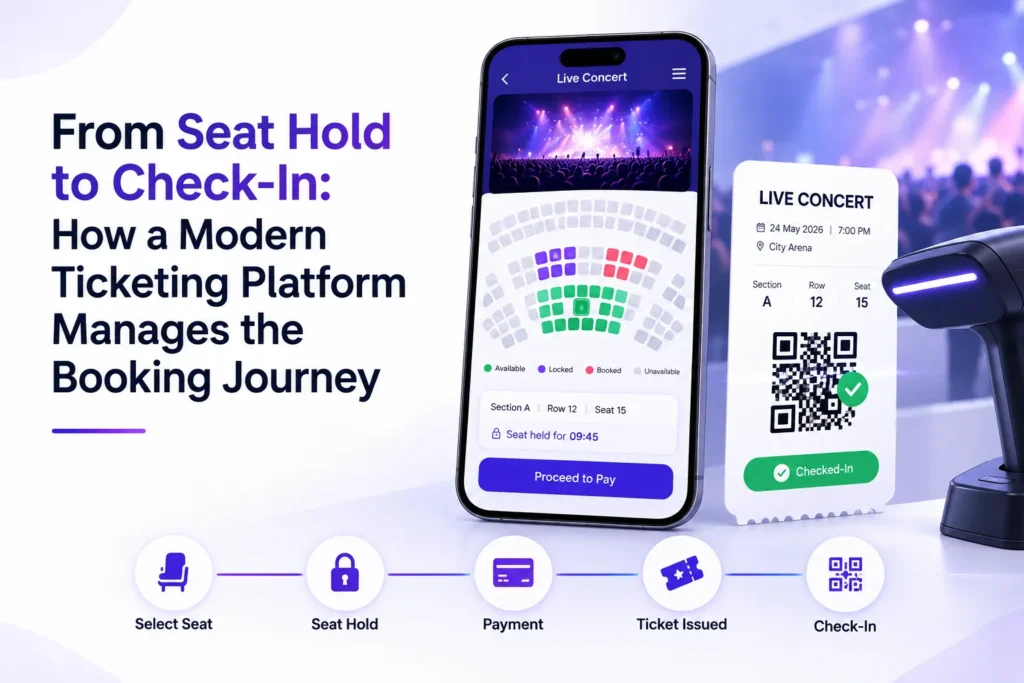 Ticket booking journey from seat hold and payment to ticket issuance, QR validation, and venue check-in.