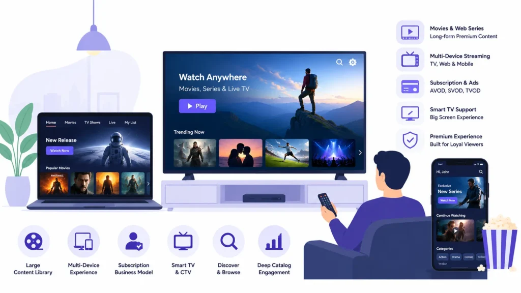Microdrama Streaming Platform vs Traditional OTT Platform: Which Model Fits Mobile-First Episodic Viewing Better? 2 Traditional OTT platform showing long-form movies, web series, multi-device streaming, subscriptions, ads, smart TV support, and content discovery.