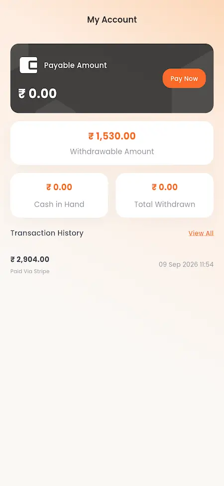 White Label Food Delivery App 42 UberEats Clone Delivery Partner Wallet showing payable amount, withdrawals, cash in hand and transaction history