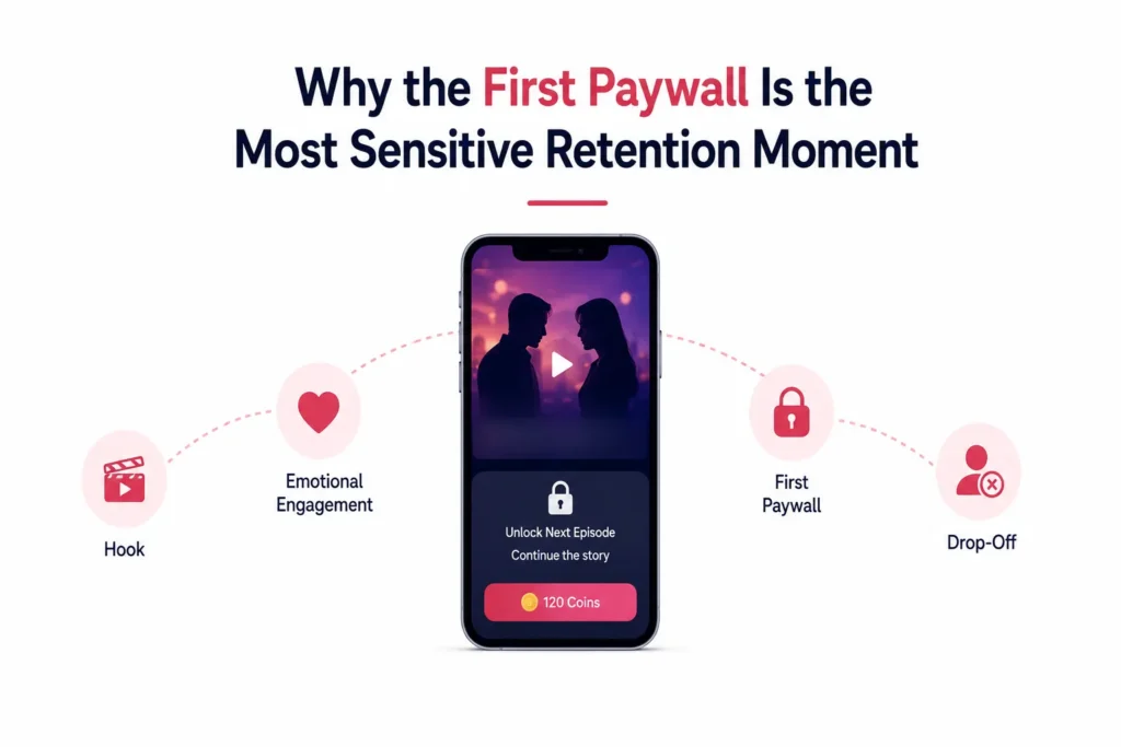 Vertical Drama Streaming App Retention: Reducing Drop-Off After the First Paywall 1 Vertical drama first paywall showing the viewer journey from story hook and emotional engagement to episode unlock and potential drop-off