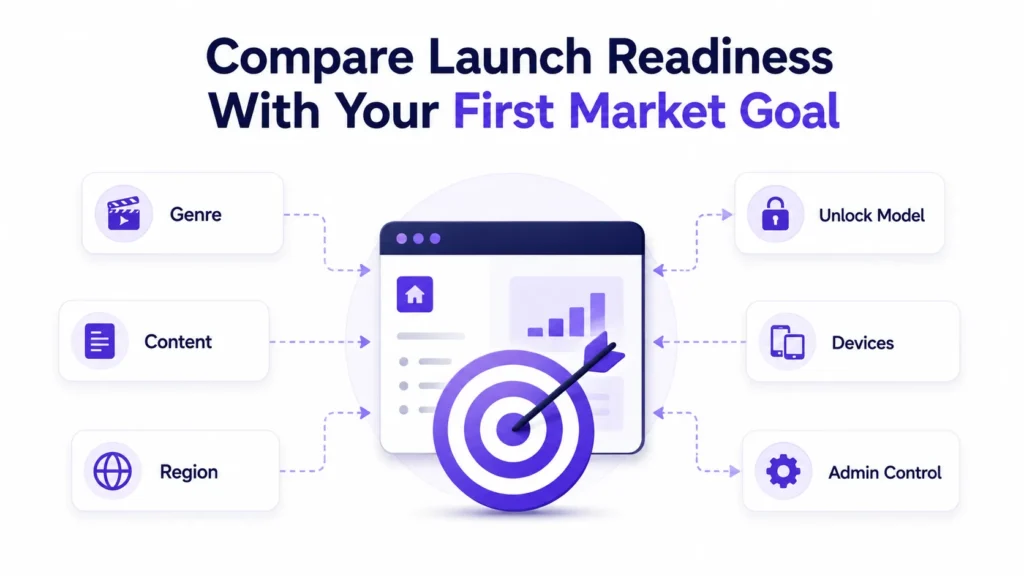 Vertical drama platform launch readiness showing genre, content, region, unlock model, device support, and admin control aligned with the first market goal