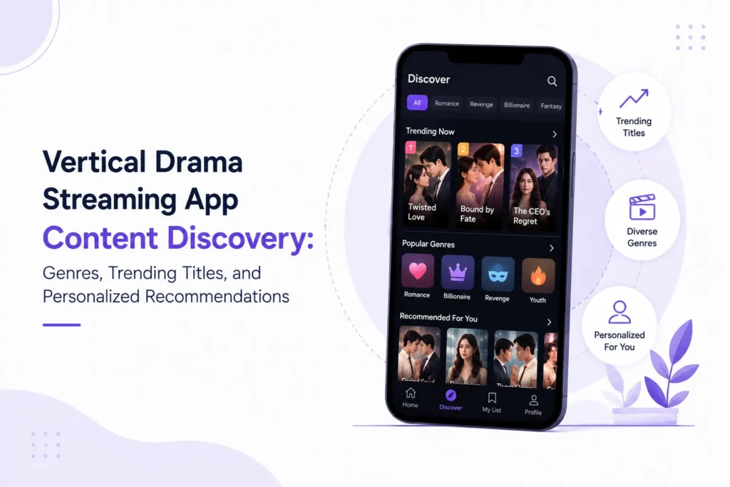Vertical drama streaming app content discovery showing genres, trending titles, personalized recommendations, and mobile-first drama browsing