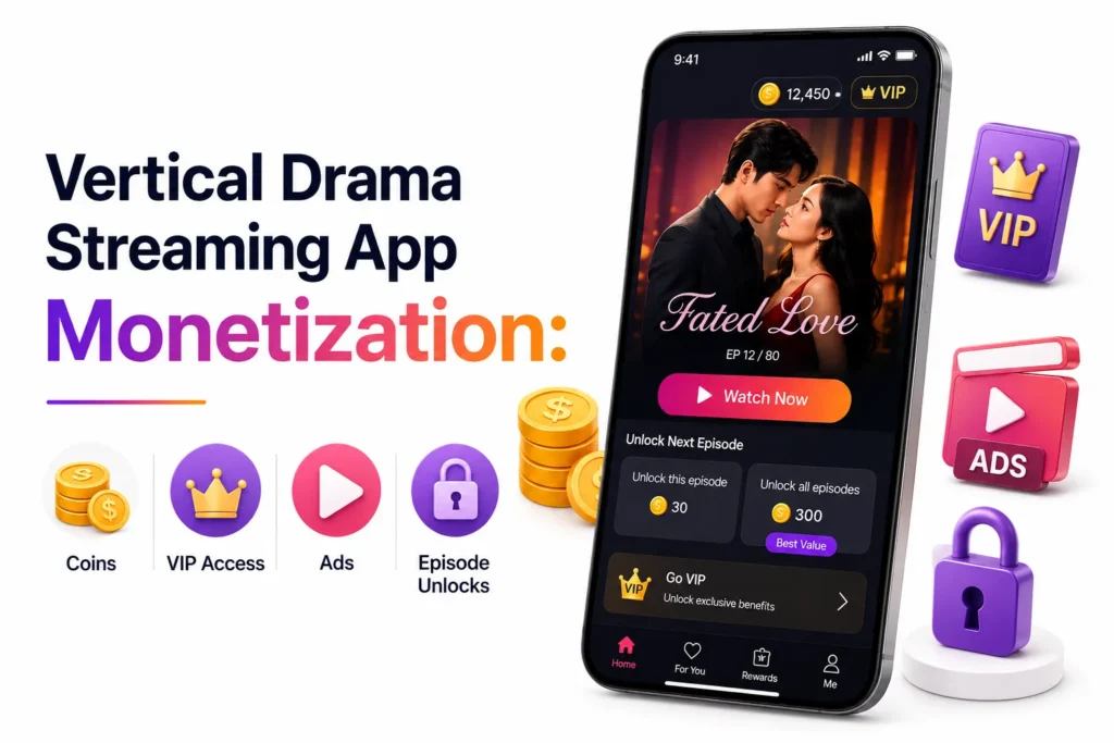 Vertical Drama Streaming App Monetization using coins, VIP access, ads, and paid episode unlocks.