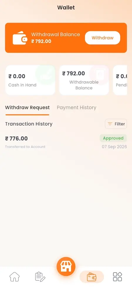 White Label Food Delivery App 32 UberEats Clone Restaurant Wallet showing withdrawable balance, cash in hand, pending amount and transaction history