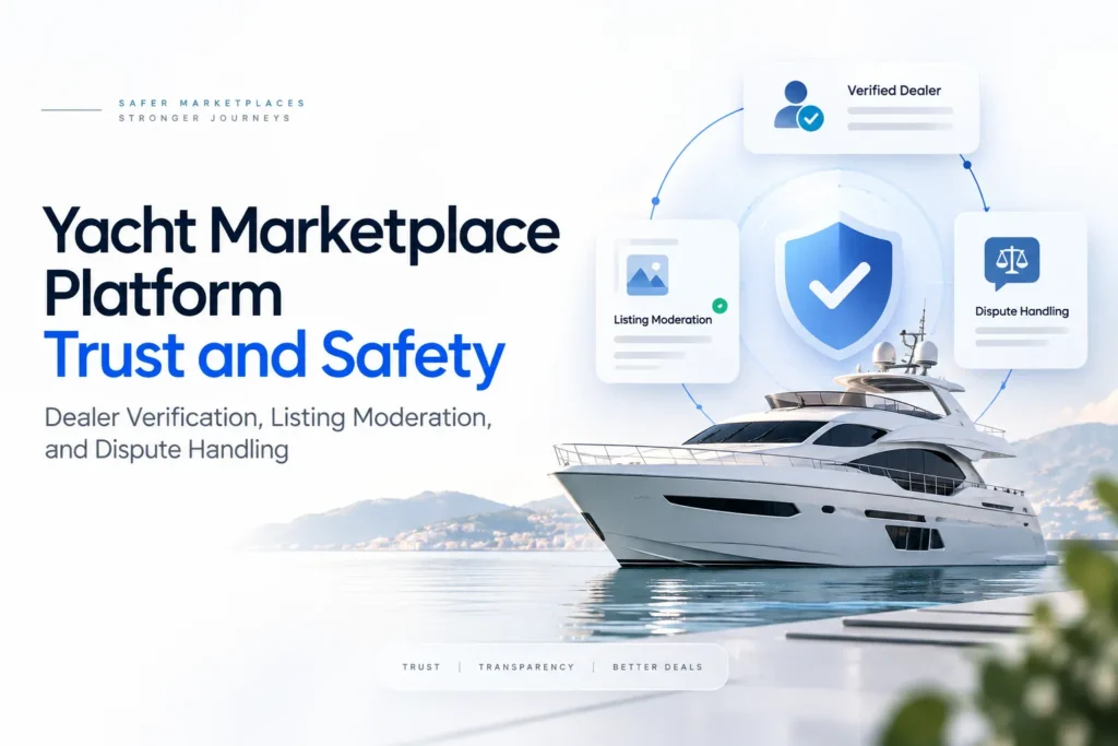 Yacht marketplace platform trust and safety showing verified dealers, listing moderation, dispute handling, and secure buyer protection