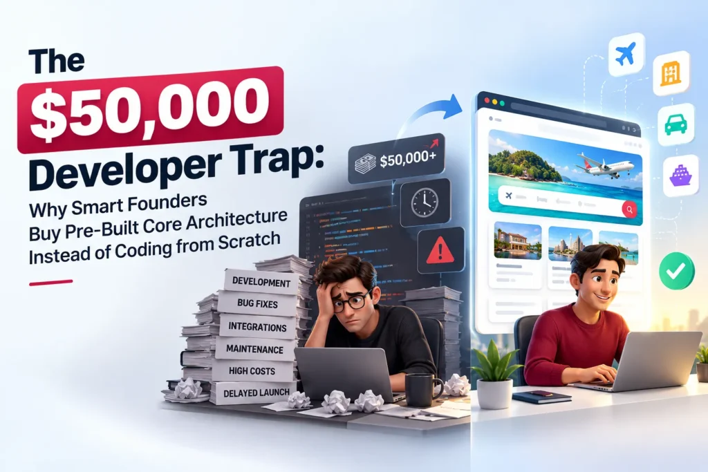 The $50,000 Developer Trap showing the difference between expensive custom development and cost-effective pre-built core architecture for startups.
