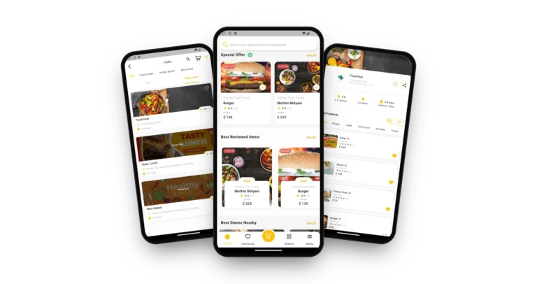 DoorDash Clone on three phones: the customer app home with special offers and best reviewed items, the cake category with restaurant cards and the restaurant page with menu items and track order button