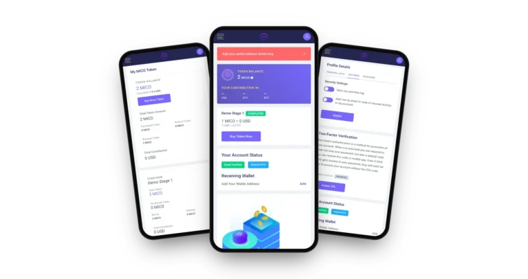 ICO Launchpad 26 ICO Launchpad on three phones: the token sale dashboard with balance, stage and wallet status, the token balance and purchase breakdown and the profile settings with two-factor security