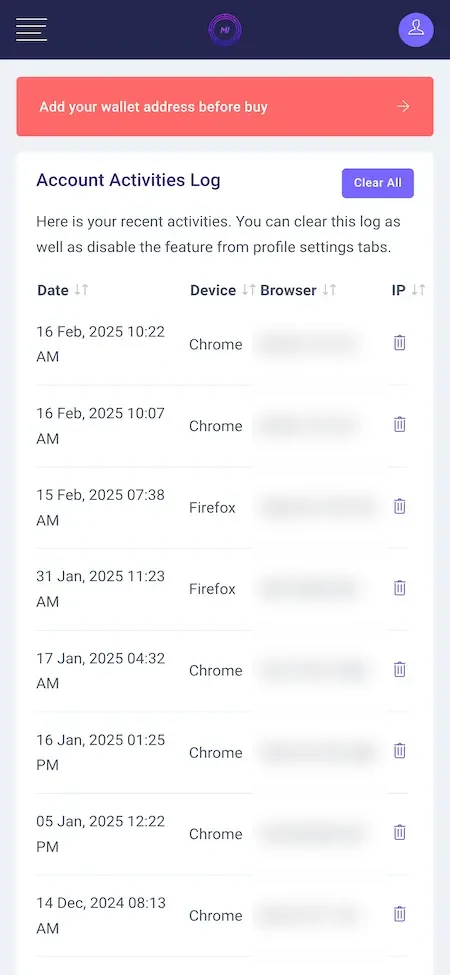ICO Launchpad 25 ICO Launchpad Clone account activities log on a phone listing date, device, browser and IP for each sign-in with a Clear All button; the IP addresses are blurred.