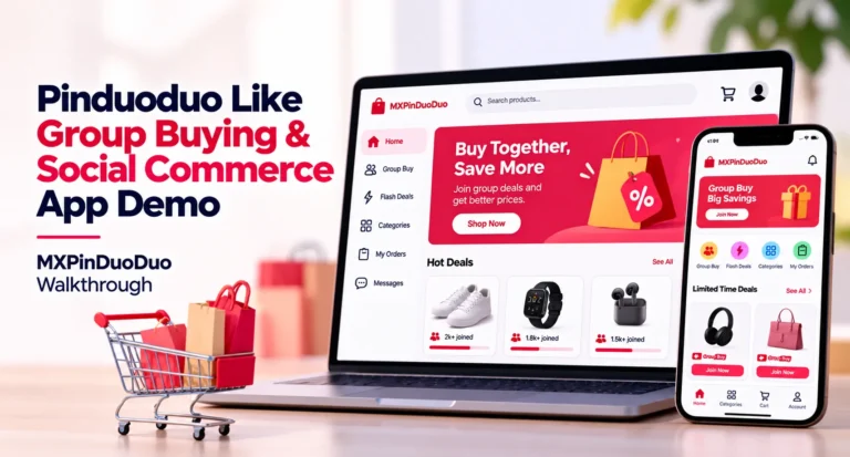 Pinduoduo-like group buying and social commerce app demo showing MXPinDuoDuo product deals, group purchases, flash deals, categories, and mobile shopping interface