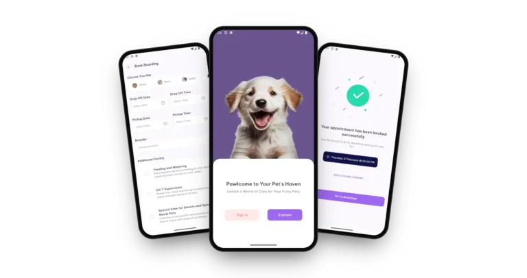 Rover Clone on three phones: the welcome screen with sign in and explore, the boarding booking form and the booking confirmation
