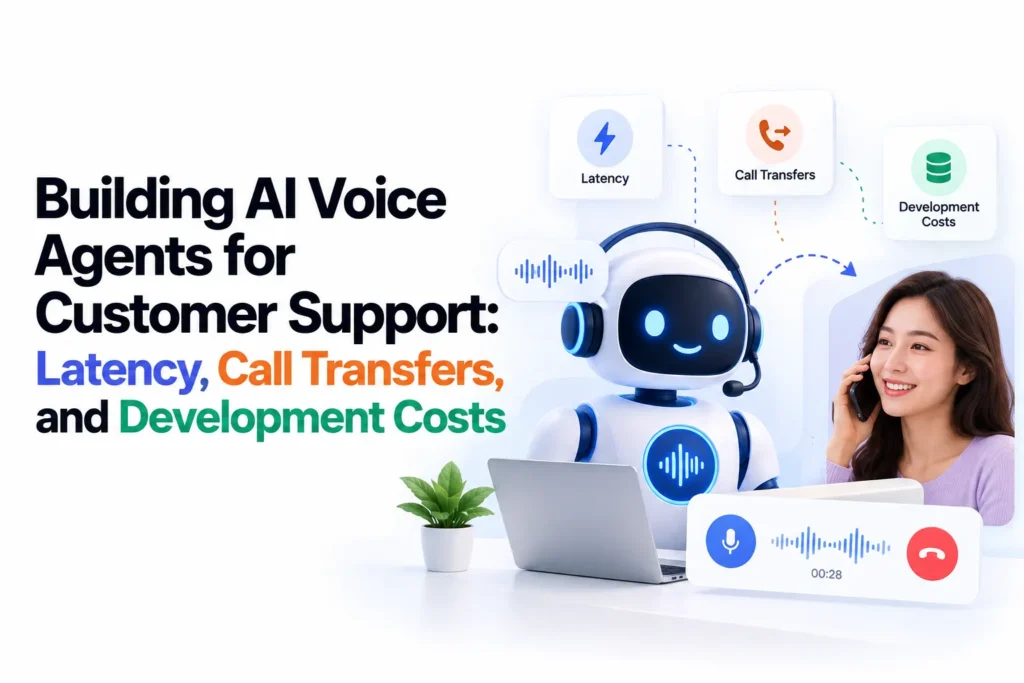 AI voice agent for customer support showing conversational AI, response latency, call transfers, voice automation, and development costs.
