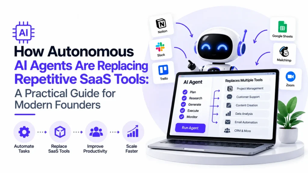 Infographic comparing a growing SaaS stack with outcome-driven workflows powered by autonomous AI agents.