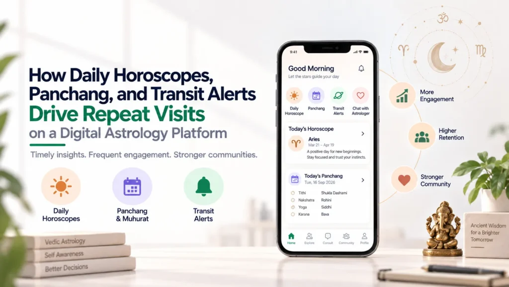 Daily horoscopes, Panchang, and transit alerts driving repeat visits and user retention on a digital astrology platform