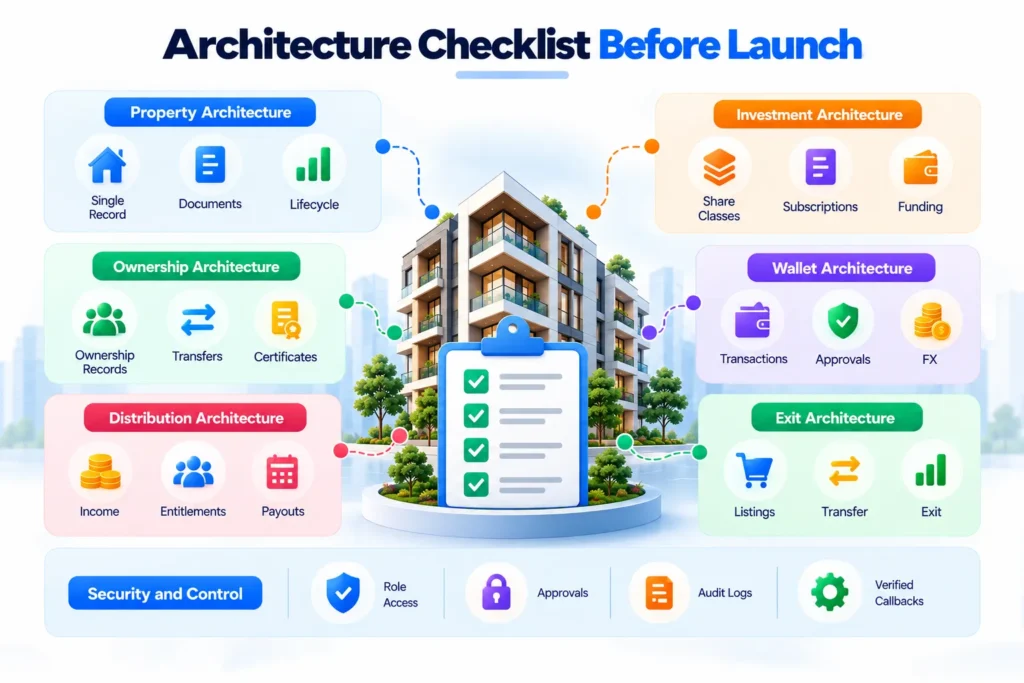 Fractional real estate investment platform architecture checklist covering property, investment, ownership, wallet, distribution, exit, security, and control modules.