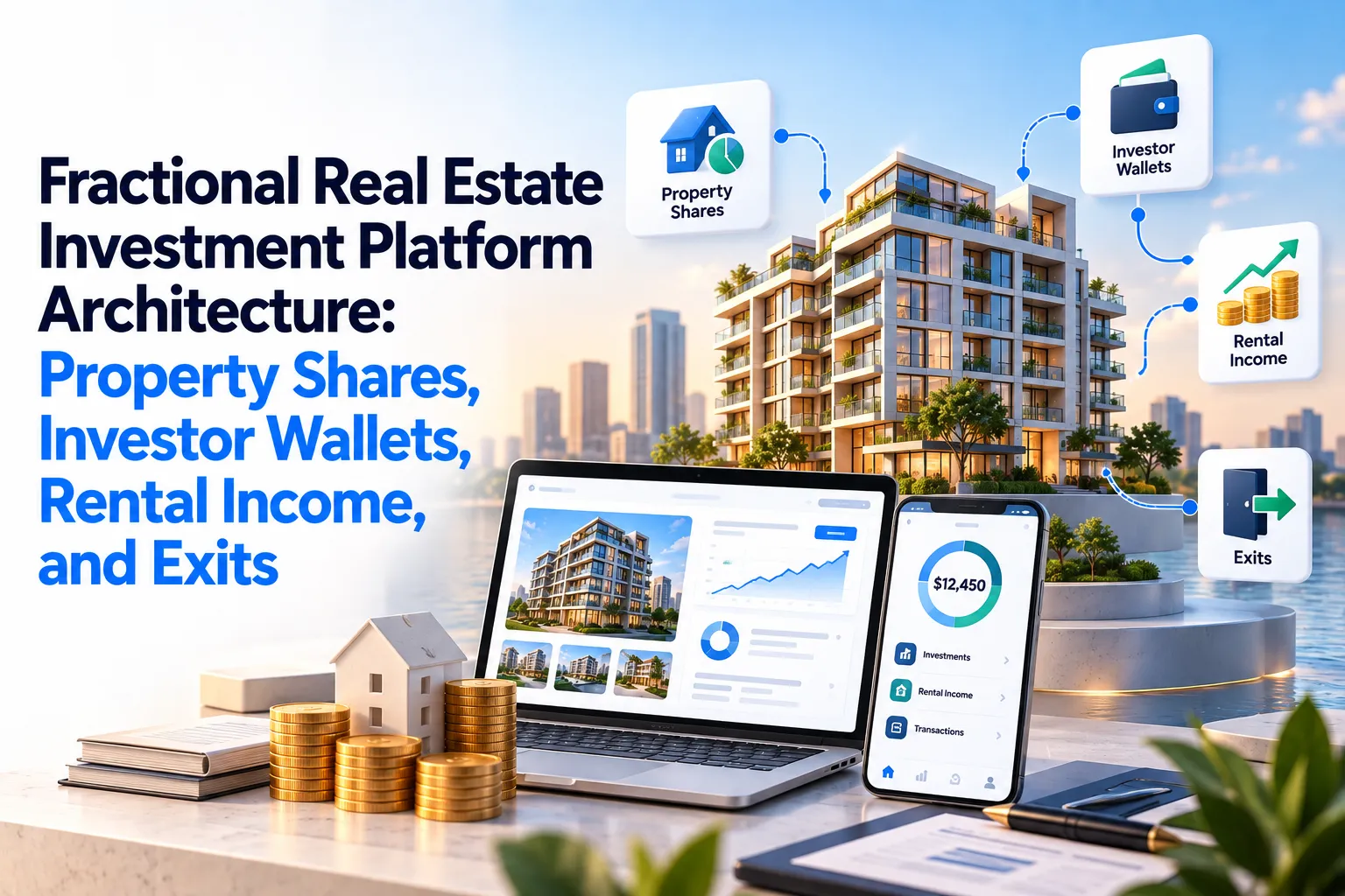 Fractional real estate investment platform architecture showing property shares, investor wallets, rental income, investment dashboards, and exit workflows.