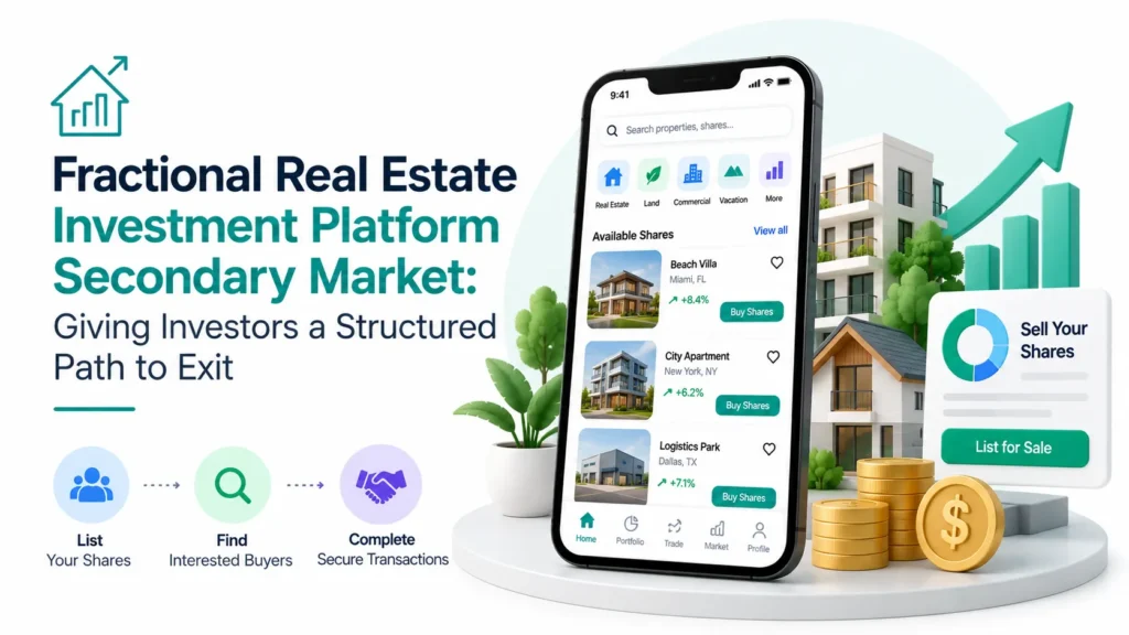 Fractional real estate investment platform secondary market showing share listings, interested buyers, secure transactions, and structured investor exits.