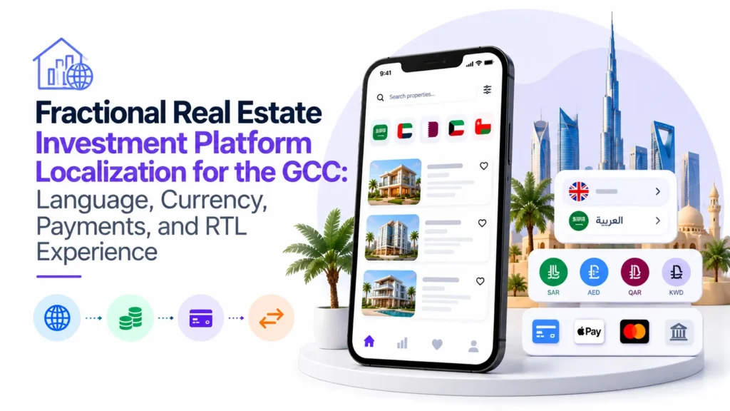 Fractional real estate investment platform featuring GCC property listings, multilingual support, local currencies, regional payment methods, and Arabic RTL interface.