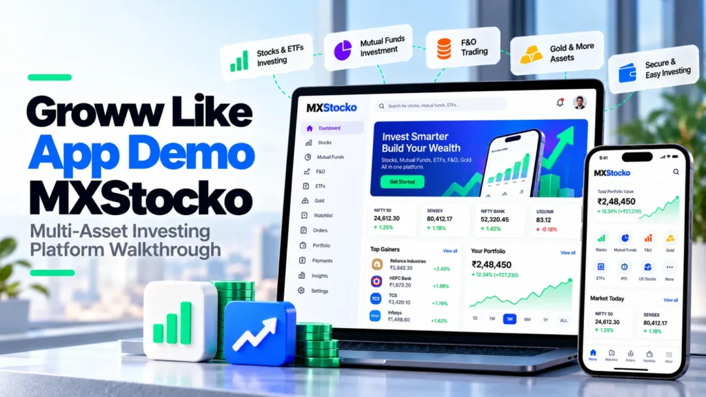 Groww-like app demo showing stocks, ETFs, mutual funds, F&O, gold, portfolio, and investing features
